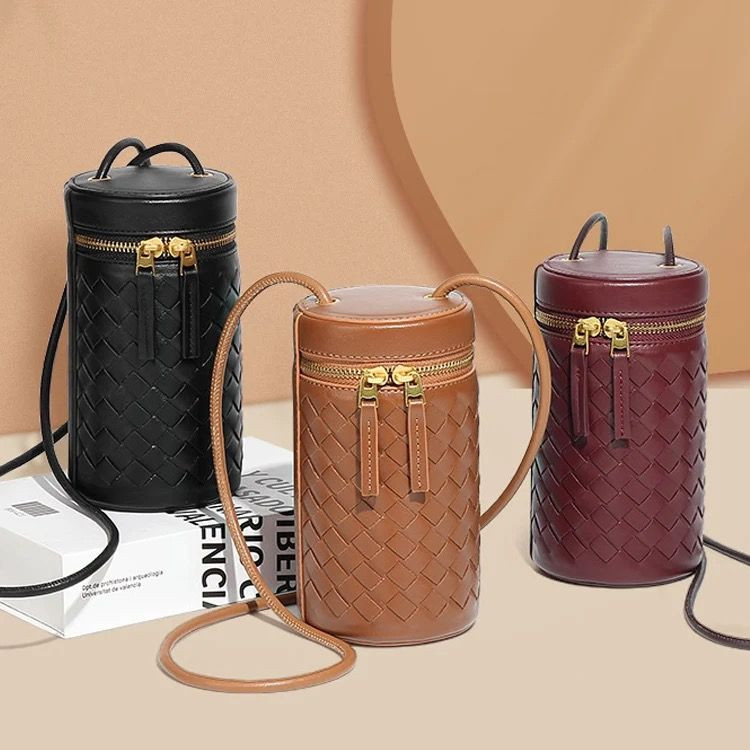 Vintage PU leather Small womens Woven mini Crossbody bucket bags